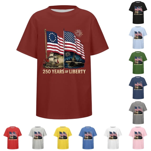 Huowey Boys Youth Graphic Tees 4Th Of July Shirt Short Sleeve Casual Crewneck Loose Fit Base Top Stylish Celebrate National Flag Print 250Th Anniversary T-Shirt Independence Tshirts,10-11 Years