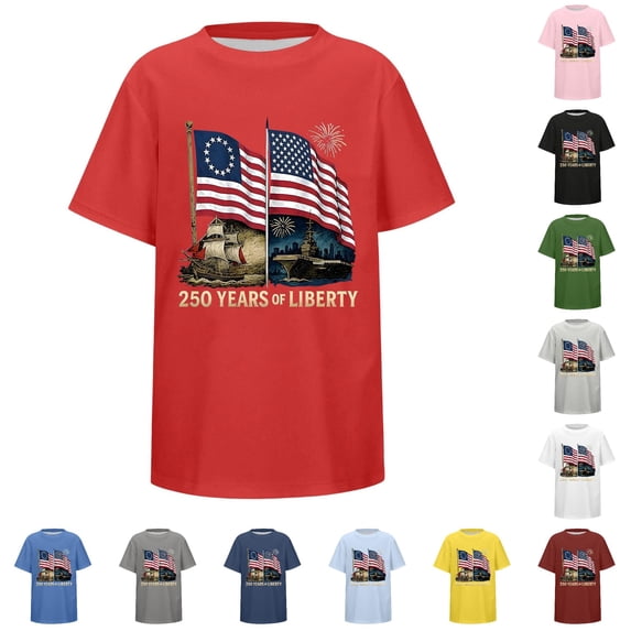 Huowey Boys Youth Graphic Tees 4Th Of July Shirt Short Sleeve Casual Crewneck Loose Fit Base Top Stylish Celebrate National Flag Print 250Th Anniversary T-Shirt Independence Tshirts,12-13 Years