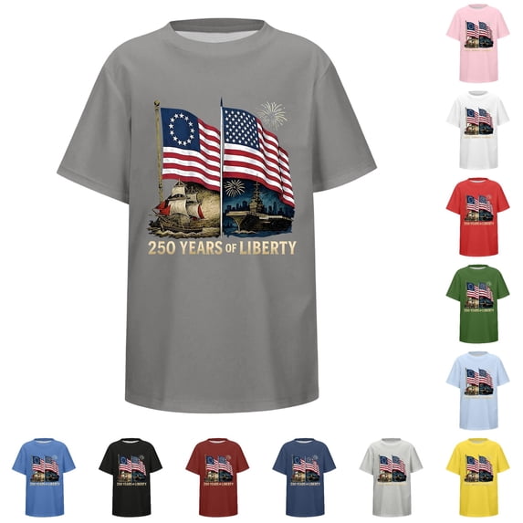 Huowey Boys Youth Graphic Tees 4Th Of July Shirt Short Sleeve Casual Crewneck Loose Fit Base Top Stylish Celebrate National Flag Print 250Th Anniversary T-Shirt Independence Tshirts,8-9 Years
