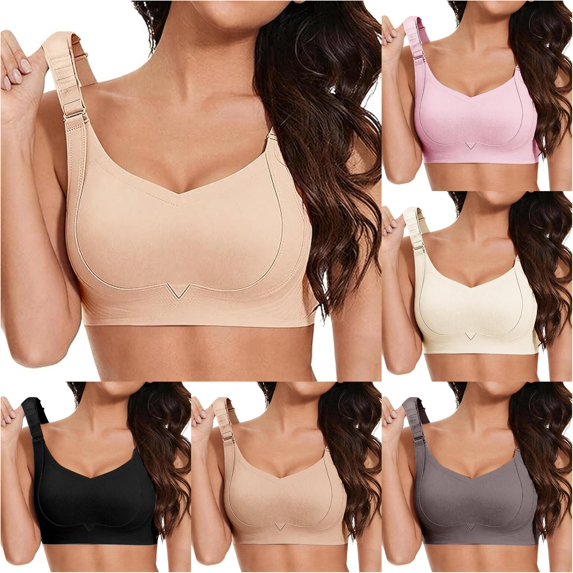 Huowey Bras For Women No Underwire Solid Color V Neck Comfortable Soft Stretch Support Adjustable Wide Shoulder Strap Backless Brassiere,Beige