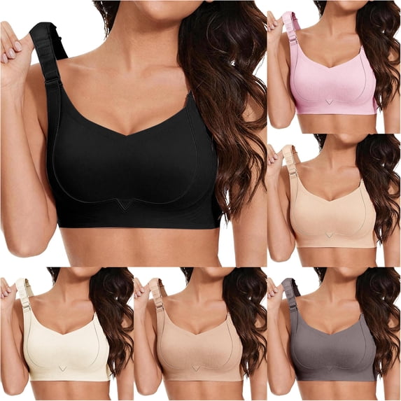 Huowey Bras For Women No Underwire Solid Color V Neck Comfortable Soft Stretch Support Adjustable Wide Shoulder Strap Backless Brassiere,Black