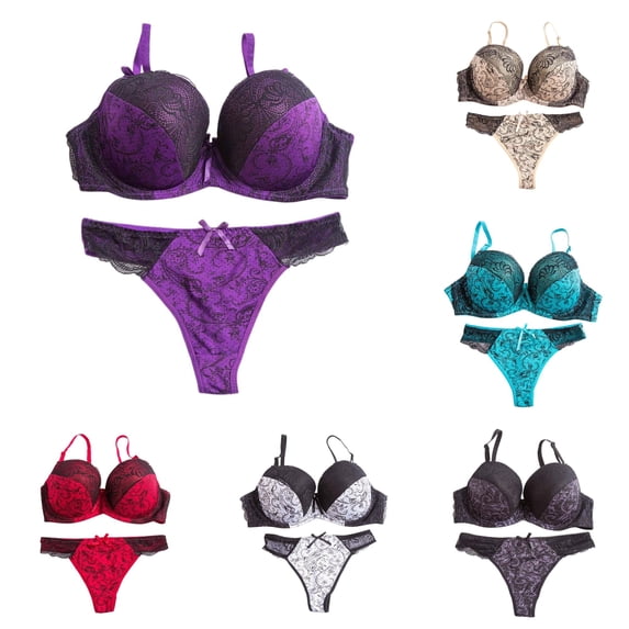 Huowey Bras For Women Underwire Color Block Bra Thong Set Lace Color Matching Panty Plus Size Underwear Set Brassiere,Purple