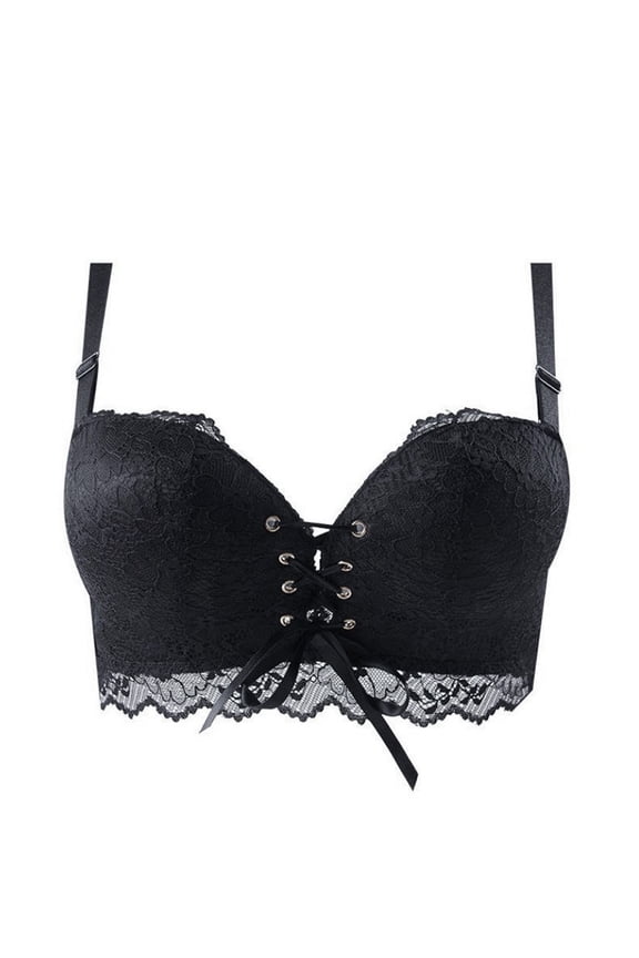 Bras For Women Underwire Solid Color Floral Lace Bra Front Lace Up Ribbon Bow Adjustable Thin Straps Scalloped Push Up Support Brassiere,Black