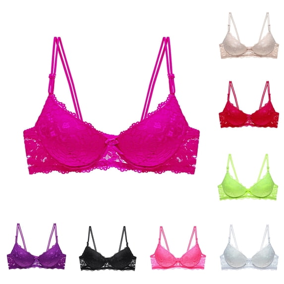 Huowey Bras For Women Underwire Solid Color Sheer Floral Lace Underwire Bra Double Thin Adjustable Spaghetti Straps Mini Bow Brassiere,Hot Pink