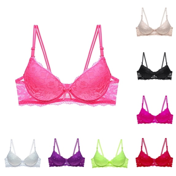Huowey Bras For Women Underwire Solid Color Sheer Floral Lace Underwire Bra Double Thin Adjustable Spaghetti Straps Mini Bow Brassiere,Pink
