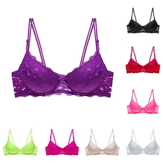 Huowey Bras For Women Underwire Solid Color Sheer Floral Lace Underwire Bra Double Thin Adjustable Spaghetti Straps Mini Bow Brassiere,Purple