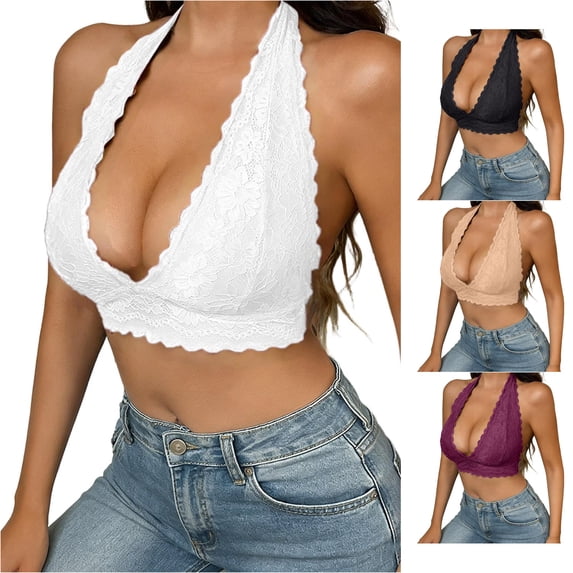 Huowey Bras For Women Solid Color Elegant Floral Lace Halter Crop Top Scalloped V Neck Bralette Sleeveless Backless Bustier Comfortable Underwire Support Everyday Wear Brassiere,White