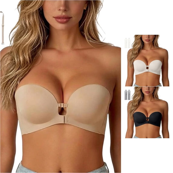 Huowey Bras For Women Solid Color Strapless Bra Wireless Front Closure Push Up Padded Tube Jelly Bra Strapless Detachable Clear Shoulder Straps Wedding Off Shoulder Brassiere,Khaki