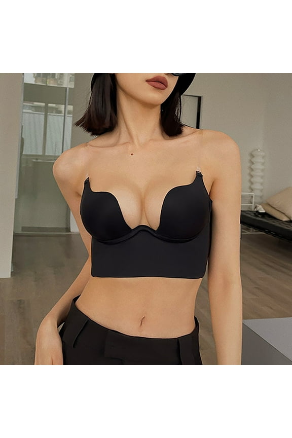 Bras For Women Solid Low Back Wire Lifting U Shape Backless Bra-Seamless Convertible Straps Stylish Deep Support Plunge Cleavage Soft Tshirt Bras,Black,XL