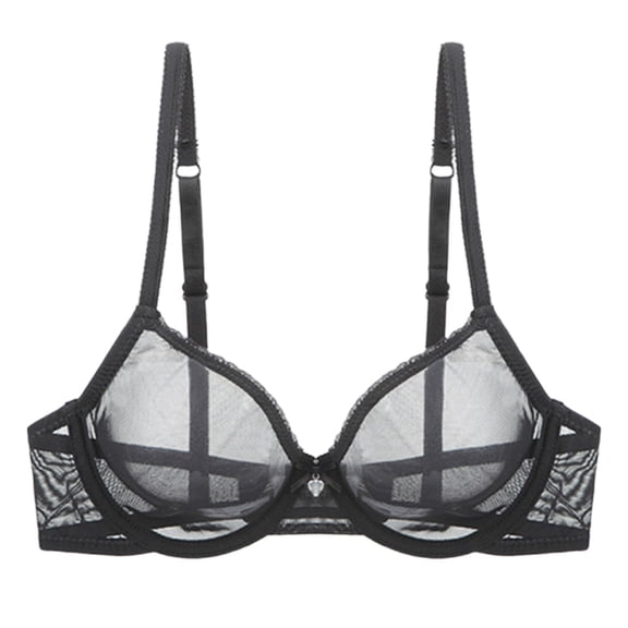Huowey Bras For Women No Underwire Mesh Lace Underwire Sheer Bras Solid Color Adjustable Spaghetti Strap Full Coverage Stylish Unlined See Through Cozy Soft Bralettes Underwear,Black,M