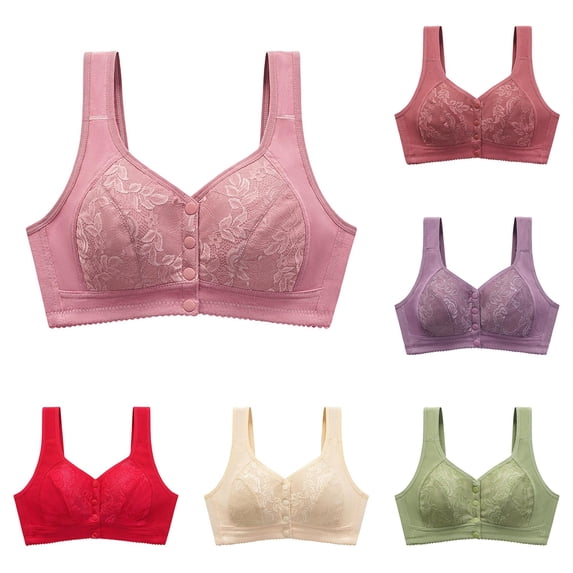 Huowey Bras For Women No Underwire Solid Color Floral Lace Front Snap Wirefree Tank Bra Wide Comfort Straps Soft Full Coverage Support Brassiere For Pregnant Elderly,Pink