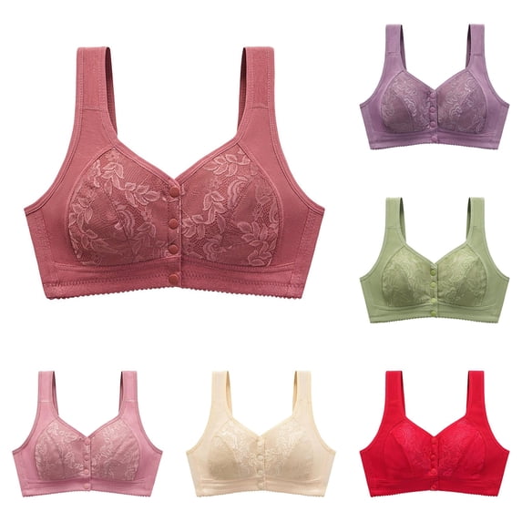 Huowey Bras For Women No Underwire Solid Color Floral Lace Front Snap Wirefree Tank Bra Wide Comfort Straps Soft Full Coverage Support Brassiere For Pregnant Elderly,Watermelon Red