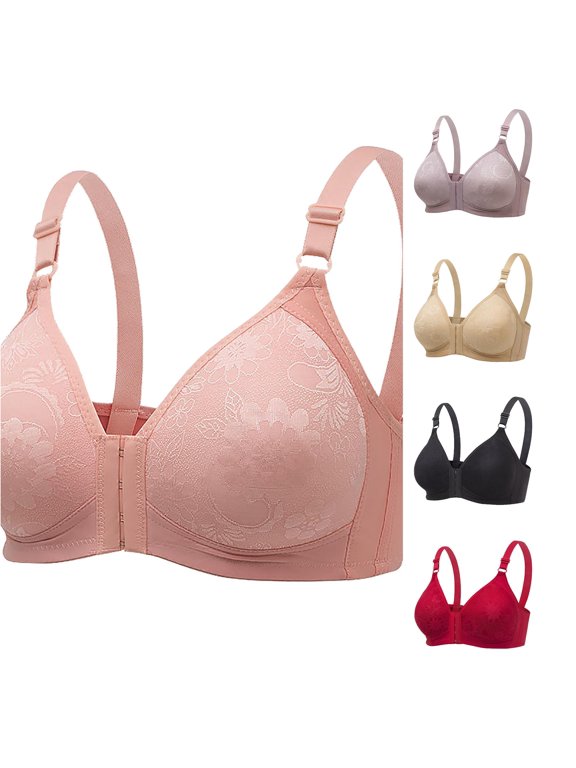 Bras For Women No Underwire Solid Color Floral Leaf Wireless Bra Adjustable Thin Shoulder Straps Front Multi-Hook Closure V-Neck Medium Cup Breathable Brassiere,Pink