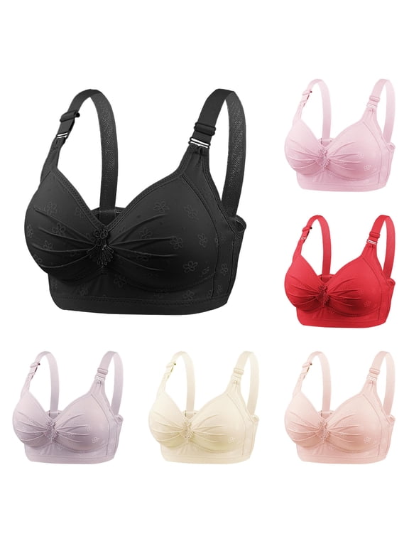 Bras For Women No Underwire Solid Color Floral Printed V Neck Wirefree Bra Adjustable Wide Shoulder Straps Tassel Full Coverage Brassiere,Black