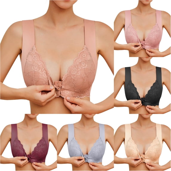 Huowey Bras For Women No Underwire Solid Color Front Closure Wide Strap V Neck Bra Floral Scalloped Lace Wirefree Seamless Comfort Support Brassiere,Coffee