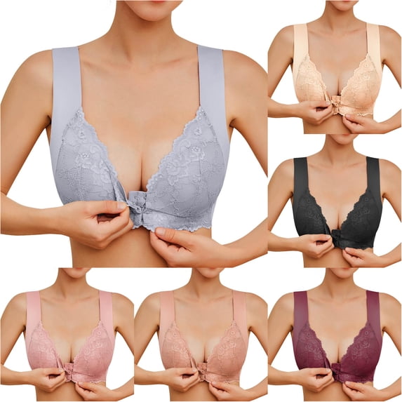 Huowey Bras For Women No Underwire Solid Color Front Closure Wide Strap V Neck Bra Floral Scalloped Lace Wirefree Seamless Comfort Support Brassiere,Grey