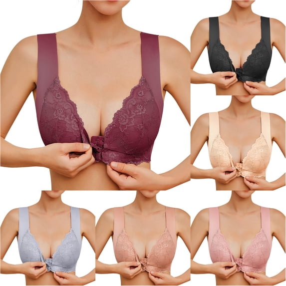 Huowey Bras For Women No Underwire Solid Color Front Closure Wide Strap V Neck Bra Floral Scalloped Lace Wirefree Seamless Comfort Support Brassiere,RD2