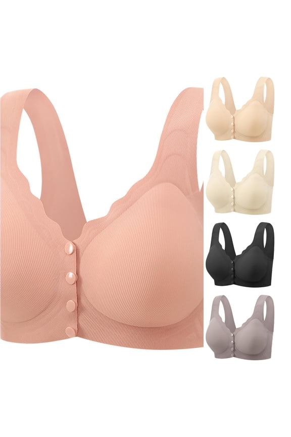 Bras For Women No Underwire Solid Color Ribbed Front Button Maternity Nursing Bra Scalloped V Neck Wide Seamless Straps Wireless For Breastfeeding Pregnant Brassiere,Light Pink