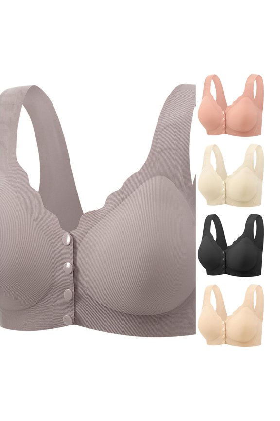 Bras For Women No Underwire Solid Color Ribbed Front Button Maternity Nursing Bra Scalloped V Neck Wide Seamless Straps Wireless For Breastfeeding Pregnant Brassiere,Grey