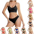 thumbnail image 1 of Huowey Bras For Women No Underwire Solid Color Ribbed Knit Set U-Neck Thin Spaghetti Strap Wireless Crop Bralette Low Rise Briefs Stretch Brassiere,Black, 1 of 5