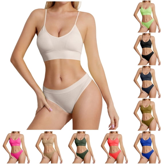 Huowey Bras For Women No Underwire Solid Color Ribbed Knit Set U-Neck Thin Spaghetti Strap Wireless Crop Bralette Low Rise Briefs Stretch Brassiere,White