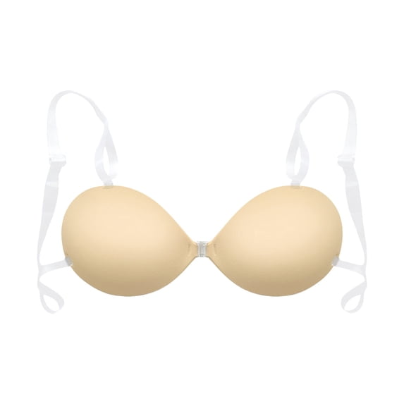 Huowey Bras For Women No Underwire Solid Color Strapless Front Clasp Push Up Bra Detachable Adjustable Clear Transparent Thin Shoulder Straps Smooth Seamless Low Cut Brassiere,Beige