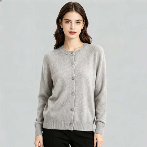 Huowey Cardigan Sweaters For Women Knit Button Up Cardigans Long Sleeve Crew Neck Soft Casual Daily Outerwear,Light Gray,M