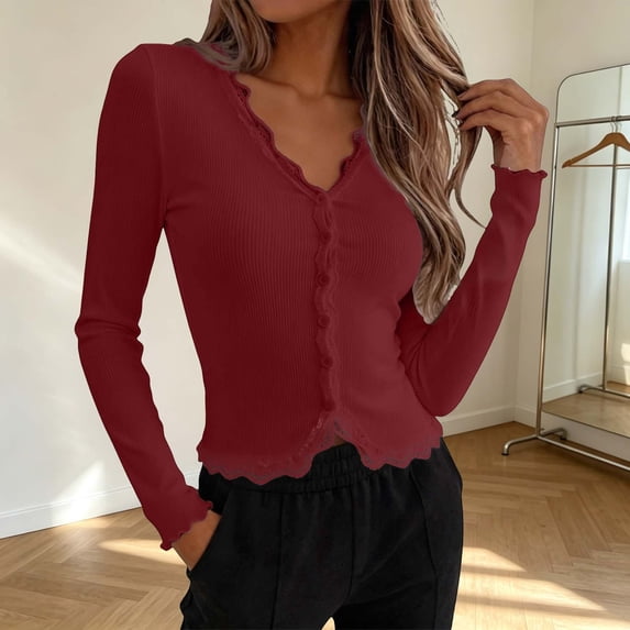 Huowey Cardigan Sweaters For Women Ruffles Lace Knit Button Up Cardigans Slim Fit Long Sleeve V-Neck Trendy Coffee Dates Outerwear,Red,XXL