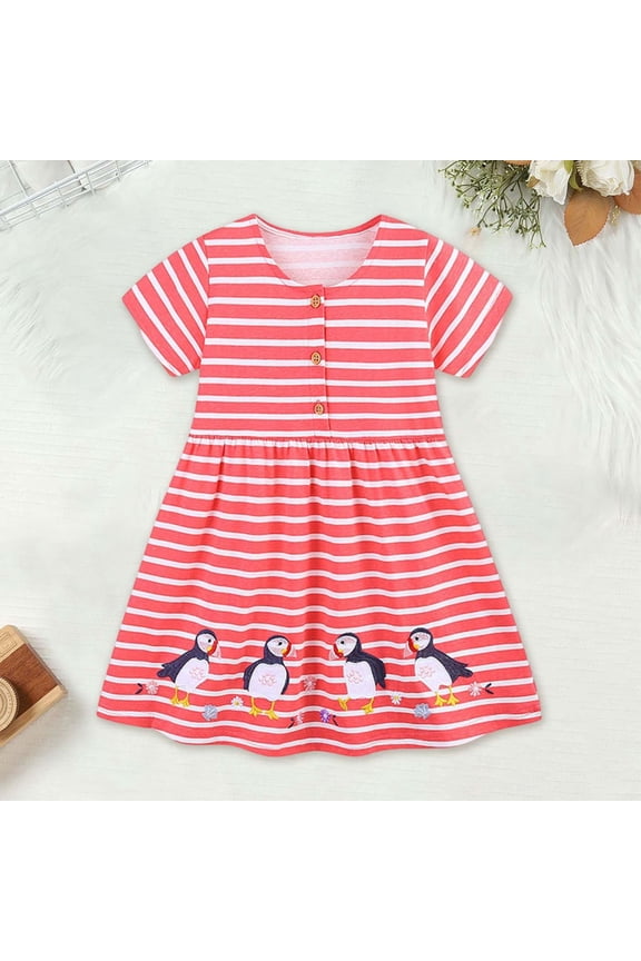 Child Kids Classic Striped Dresses Short Sleeve Round Neck Button Animal Embroidered Summer Breathable Dress High Waist A-Line Casual Soft Flowy Skater Dress,Watermelon Red,12 Month-24 Month