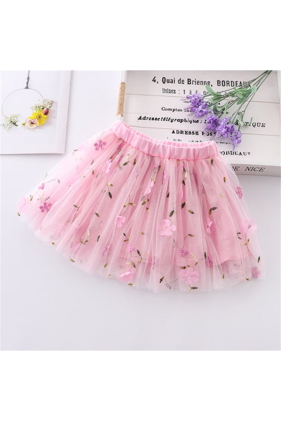 Child Kids Stylish Tutu Skirt Carnival Elegant Flower Embroidery Elastic Waist Tiered Rainbow Mesh Layering A-Line Fashionable Ballet Skirts Boho Ruffle Skirts,Pink,8-10 Years