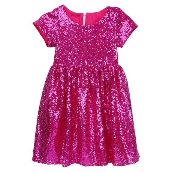 Huowey Children Dresses Sequin Dress Party Solid Color Toddler Baby Princess Dresses Little Girls Short Sleeve Party Dress Wedding Gown Dress,Hot Pink,XXXL