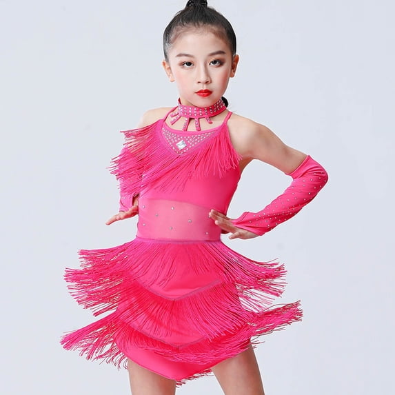 Huowey Children Girls Dance Dress Suit Solid Color Spaghetti Strap Sleeveless Tiered Tassel Sequin Latin Dresses Sets Festival Performance Party Fashionable Outfits,Hot Pink,7-8 Years