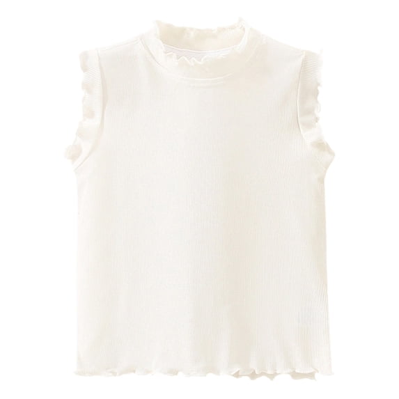Huowey Children Girls Ribbed Knit Tank Top Shirts Solid Color Ruffles Trim Sleeveless Top Neck Lightweight Summer Vest Basic Tee Tops Blouses Stylish Soft Shirts,White,5-6 Years