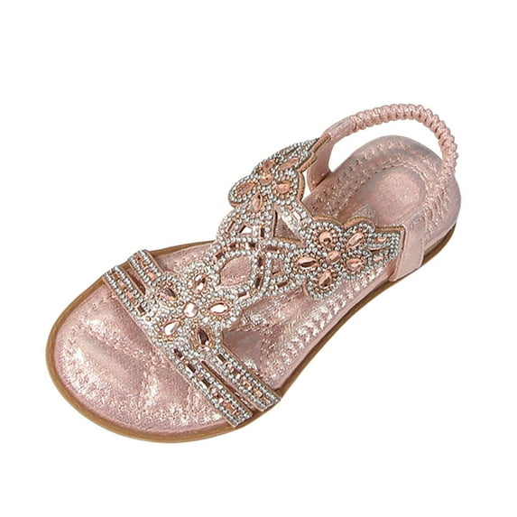 Huowey Children Girls Sandals Elastic Ankle Strap Shoes With Beaded Flower Rhinestone Flat Sandals Dress Beach For Girls Princess Espadrilles,Pk1,9.5-10 Years