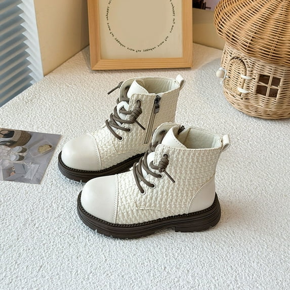 Huowey Children Shoes Heel Ankle Boots Comfortable Soft Sole Casual Anti-Slip Boots Lace Up Classic Footwear,White,9.5-10T