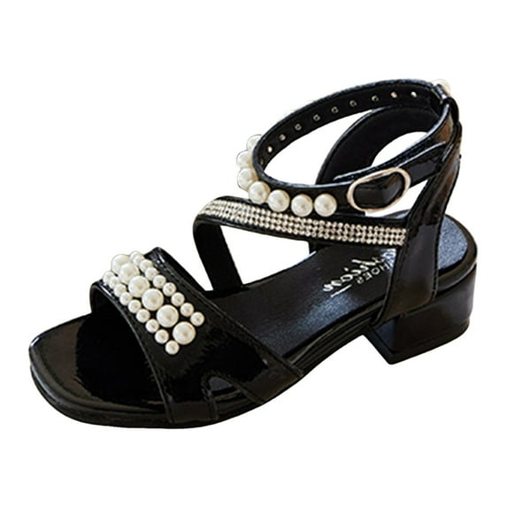 Huowey Children Shoes Thick High Heel Sandals Fashionable Pearl and Diamond Princess Sandals