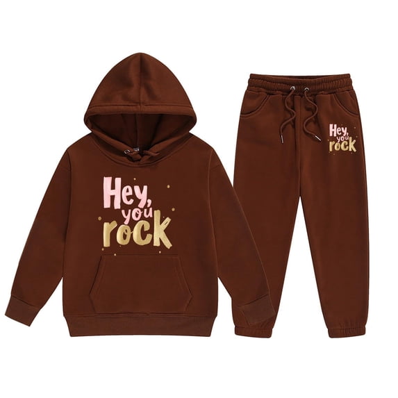 Huowey Children's Middle and Large Children's Long Sleeved Letter Print Hooded Top Sweater Pants Set