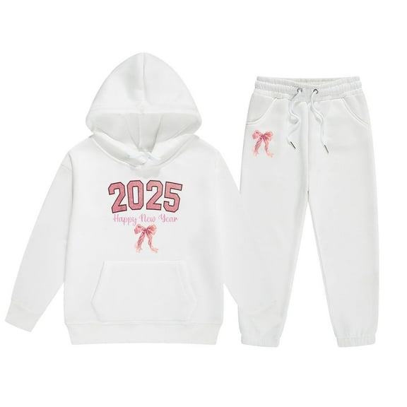Huowey Children's Middle and Older Children's Long Sleeved 2025 New Year's Print Hooded Top Sweater Pants Set