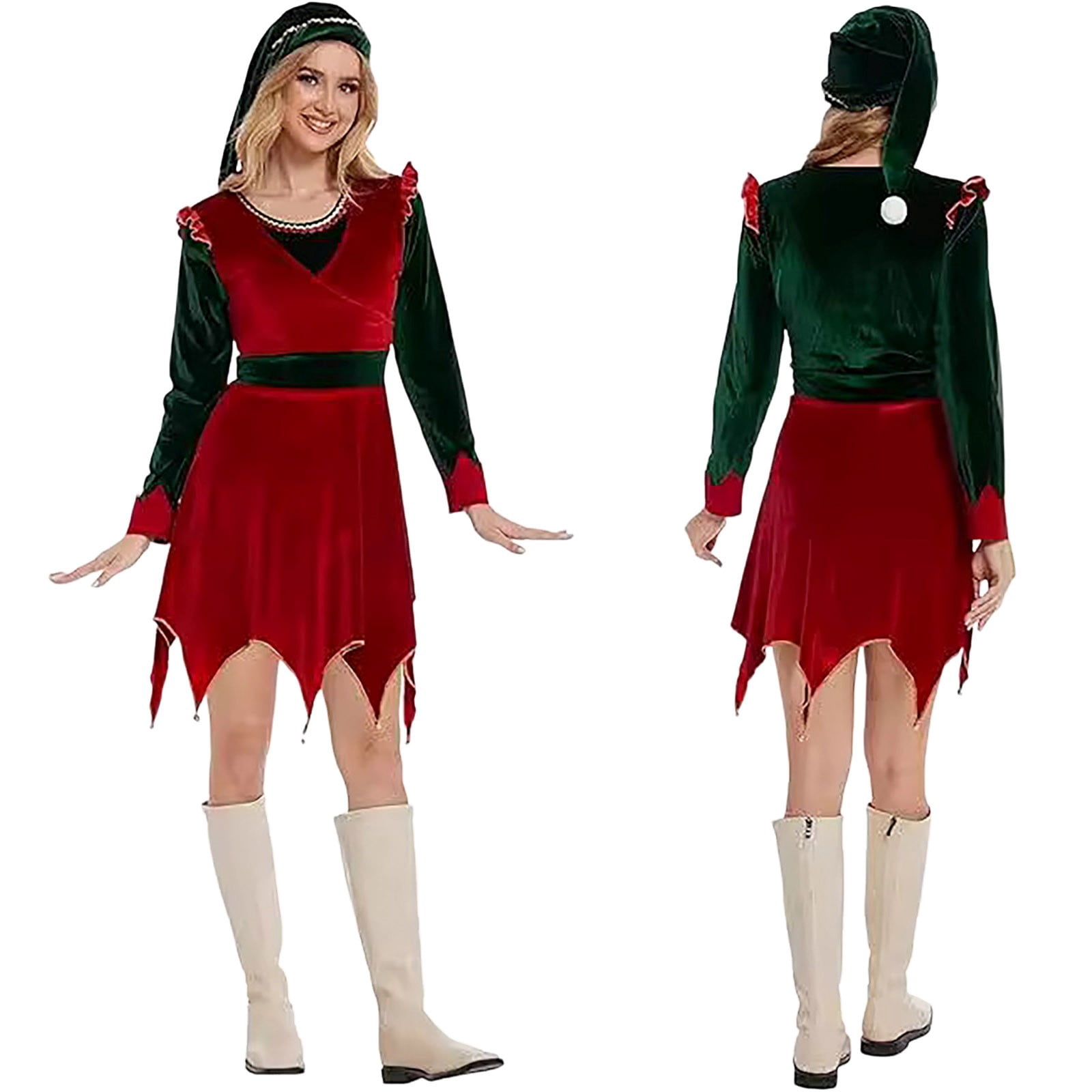 Huowey Christmas Elf Costume Women Ruffles Elf Dresses, Santa Hat Set
