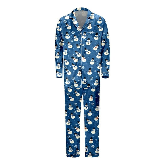 Huowey Christmas Family Silk Pajamas Matching Sets Long Sleeve Button Down Cute Snowflake Snowman Print Loungewear Lightweight Soft Comfortable Holiday Sleepwear For Dad,Blue,Xl