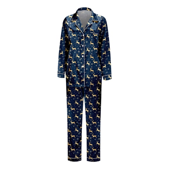 Huowey Christmas Family Silk Pajamas Matching Sets Long Sleeve Button Down Cute Snowflake Snowman Print Loungewear Lightweight Soft Comfortable Holiday Sleepwear For Mom,Dark Blue,L