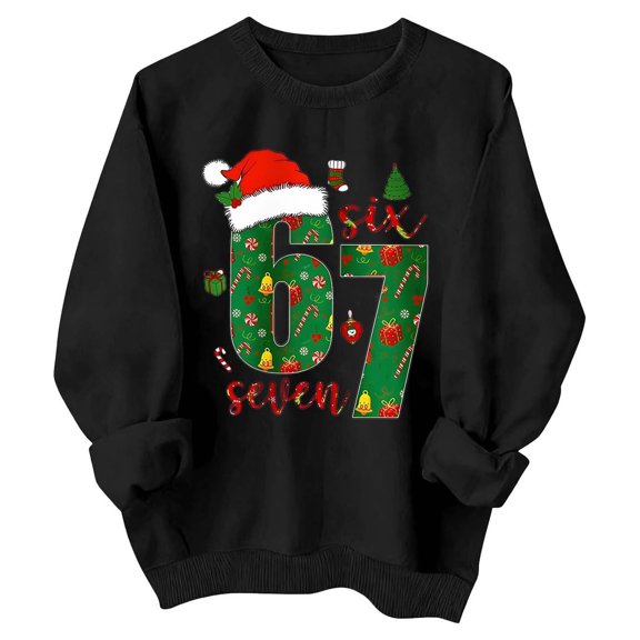 Huowey Crewneck Sweatshirts Women Cute Printed Crewneck Loose Relaxed Fit 67 Shirts Pullovers Top Long Sleeve Warm Lined Comfy Blouse Soft Fall Clothes,Black,S