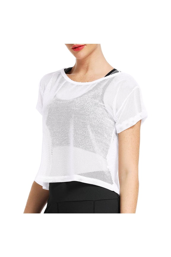 Crochet Tops For Women Short Sleeve Crewneck Fishnet Mesh Fashion Solid Color Cropped See Through Hollow Out Coverups Beach Holiday Club Party Loose Fit Trendy Casual Shirt,White,M