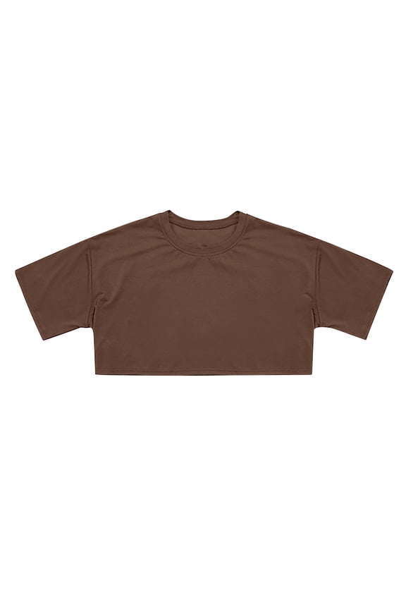 Crop Tops For Girls Youth Summer Crewneck Short Sleeve Solid Color Loose Fit Basic Tee Drop Shoulder Fashionable Breathable Lightweight Side Split Casual Stylish Soft Shirts,Brown,15-16 Years
