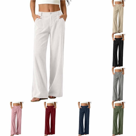 Huowey Dress Pants For Women Casual Baggy Wide Leg Suit Business Work Pants With Pocket Zipper Button Daily Stylish Formal Bottoms,White,M