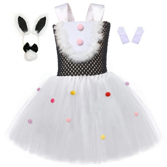 Huowey Easter Girls Tutu Dresses Outfits Sleeveless Spaghetti Strap Cartoon Bunny Egg Pattern High Waist Tiered Tulle Dress Headband Stage Performance Party Clothes Sets,White,6-7 Years