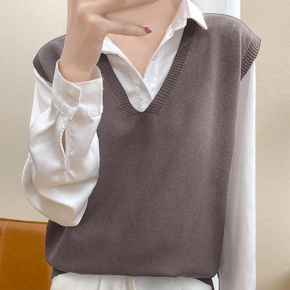 Huowey Fall Coats For Women Knit Sweater Vest Sleeveless Pullover V-Neck Oversized Cardigan Layering Loose Fit Solid Color Cozy Soft Dailywear Casual Loose Sweatshirt,Coffee,M