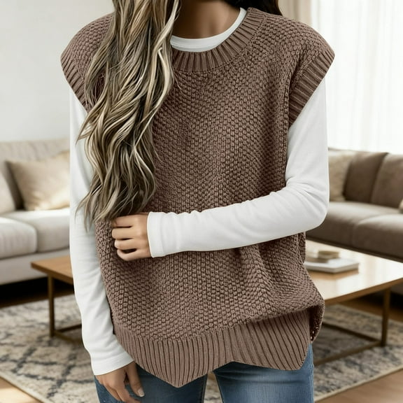 Huowey Fall Coats For Women Ribbed Knit Vest Oversized Round Neck Pullover Sleeveless Sweater Casual Solid Color Loose Layering Piece Cozy Outwear Casual Loose Sweatshirt,Brown,One Size