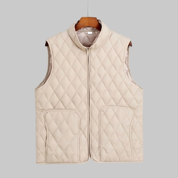 Huowey Fall Coats For Women Stylish Sleeveless Puffer Vest Zip Up Stand Collar Solid Color Jacket Retro Quilted Padded Casual Thick Warm Layering Piece Tops Winter Clothes,Grey,Xxl