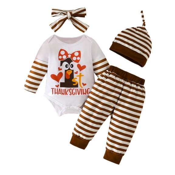 Huowey Fall Girls Outfit 4 Piece Long Sleeve Round Neck Striped Jumpsuit Overall Relaxed Dailywear Romper Bodysuit Cartoon Prints Pants Hat Headbands Girls Cute Clothing Set,White,0-3 Months